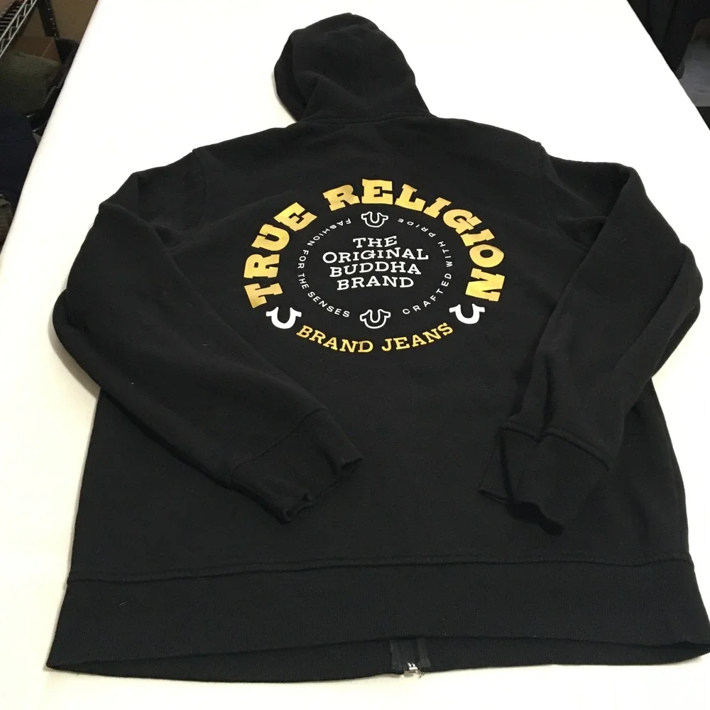 True Religion Hoodie Mens Large Black Buddha Graphic Zip Up